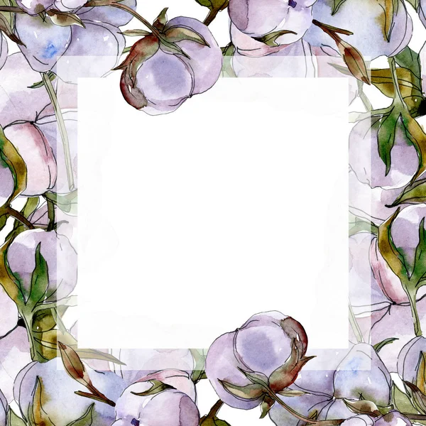 Flores de algodão conjunto ilustração aquarela. Ornamento de borda de quadro com espaço de cópia . — Fotografia de Stock