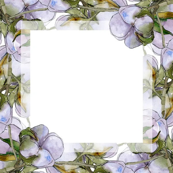 Cotton flowers watercolor illustration set. Frame border ornament with copy space. — Stock Photo