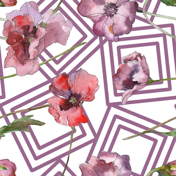 Purple red poppy floral botanical flower. Wild spring leaf isolated. Watercolor illustration set. Watercolour drawing fashion aquarelle. Seamless background pattern. Fabric wallpaper print texture. — Stock Photo