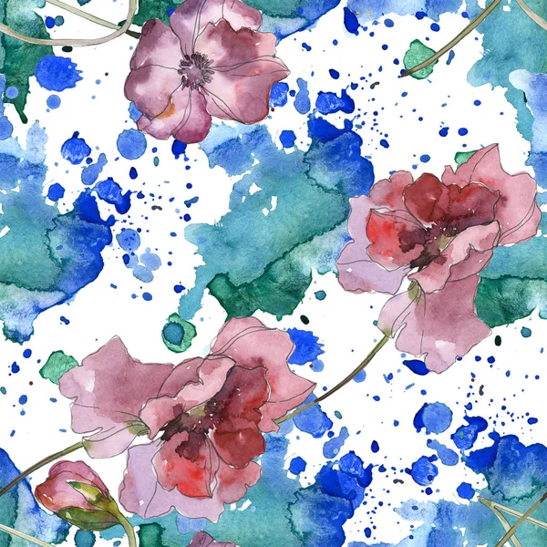 Flor botânica floral de papoula vermelha roxa. Folha de primavera selvagem isolada. Conjunto de ilustrações aquarela. Aquarelle desenho aquarelle moda. Padrão de fundo sem costura. Tecido papel de parede impressão textura . — Fotografia de Stock