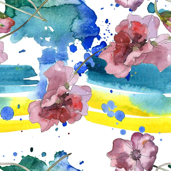 Flor botânica floral de papoula vermelha roxa. Folha de primavera selvagem isolada. Conjunto de ilustrações aquarela. Aquarelle desenho aquarelle moda. Padrão de fundo sem costura. Tecido papel de parede impressão textura . — Fotografia de Stock