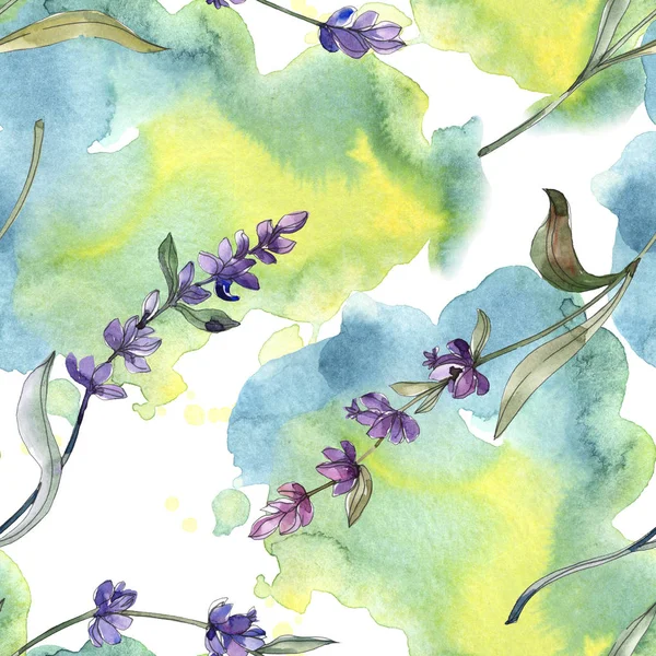 Purple lavender. Watercolor illustration set. Seamless background pattern. Fabric wallpaper print texture. — Stock Photo