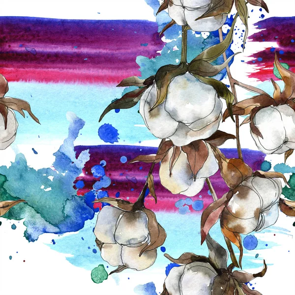 Baumwolle Blumen botanische Blume. Aquarell Hintergrundillustration Set. Aquarellzeichnung Modeaquarell isoliert. nahtlose Hintergrundmuster. Stoff Tapete drucken Textur. — Stockfoto
