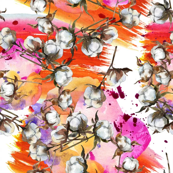 Fiore botanico floreale in cotone. Acquerello sfondo illustrazione set. Acquerello disegno moda acquerello isolato. Modello di sfondo senza soluzione di continuità. Tessuto carta da parati stampa texture . — Foto stock
