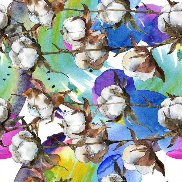 Baumwolle Blumen botanische Blume. Aquarell Hintergrundillustration Set. Aquarellzeichnung Modeaquarell isoliert. nahtlose Hintergrundmuster. Stoff Tapete drucken Textur. — Stockfoto