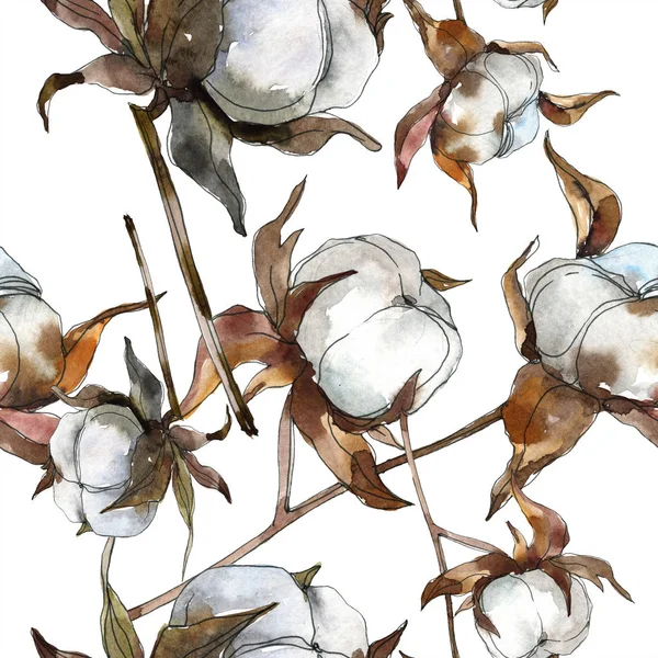Cotton floral botanical flower. Watercolor background illustration set. Watercolour drawing fashion aquarelle isolated. Seamless background pattern. Fabric wallpaper print texture. — Stock Photo