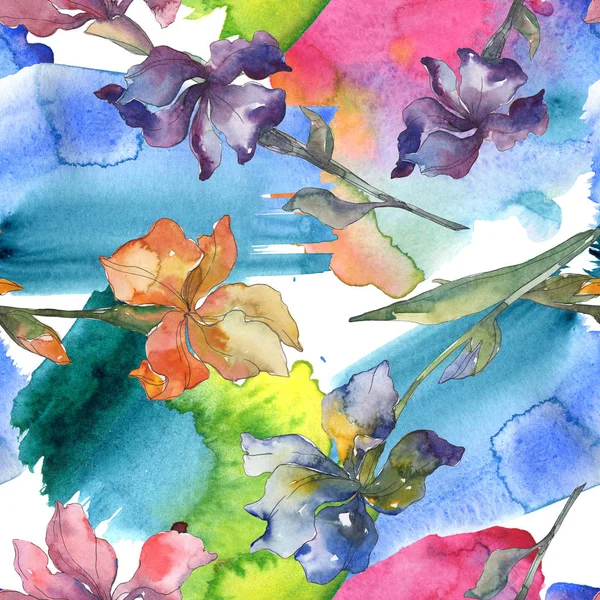 Lila, rote, orangefarbene und blaue Schwertlilien, botanische Blüten. Aquarell Hintergrund Set vorhanden. Aquarell zeichnen Mode-Aquarell. nahtlose Hintergrundmuster. Stoff Tapete drucken Textur. — Stockfoto