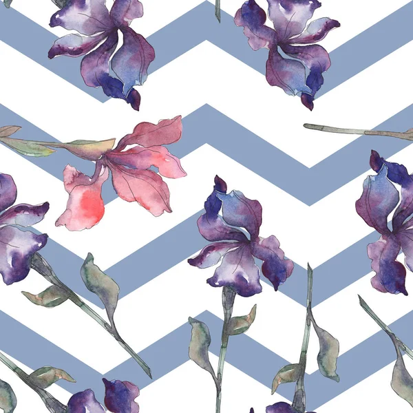 Purple, red, orange and blue irises floral botanical flower. Watercolor background set. Watercolour drawing fashion aquarelle. Seamless background pattern. Fabric wallpaper print texture. — Stock Photo