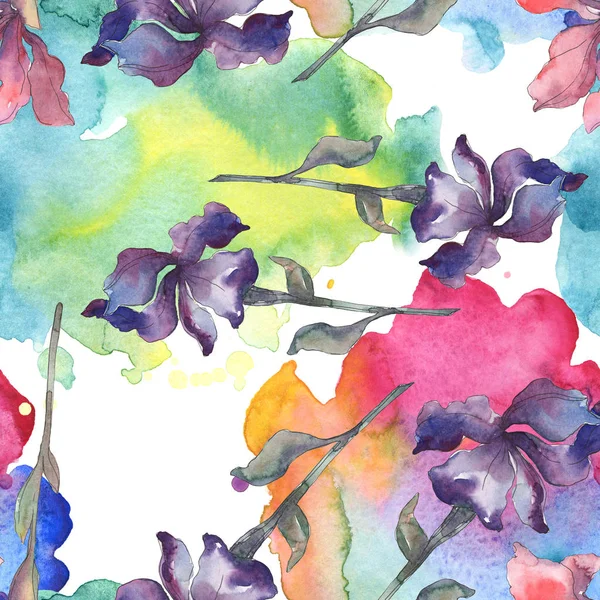 Fiore botanico floreale di iris viola, rosso, arancio e blu. Set sfondo acquerello. Acquerello disegno moda acquerello. Modello di sfondo senza soluzione di continuità. Tessuto carta da parati stampa texture . — Foto stock