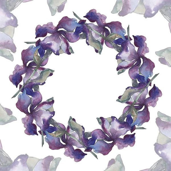 Iris viola. Fiore botanico floreale. Fiore selvatico primaverile isolato. Acquerello sfondo illustrazione set. Acquerello disegno moda acquerello isolato. Quadrato ornamento bordo cornice . — Foto stock