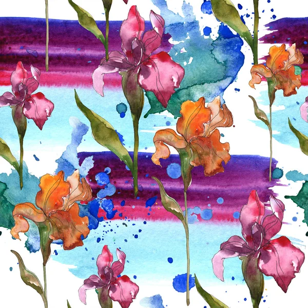 Rote und violette Iris. Aquarell Bild gesetzt. Nahtlose Hintergrundmuster. Stoff Tapete drucken. — Stockfoto