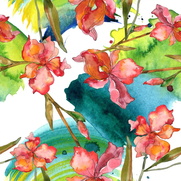 Red and purple irises. Watercolor illustration set. Seamless background pattern. Fabric wallpaper print texture. — Stock Photo