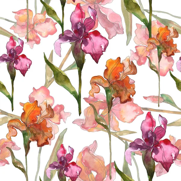 Red and purple irises. Watercolor illustration set. Seamless background pattern. Fabric wallpaper print texture. — Stock Photo