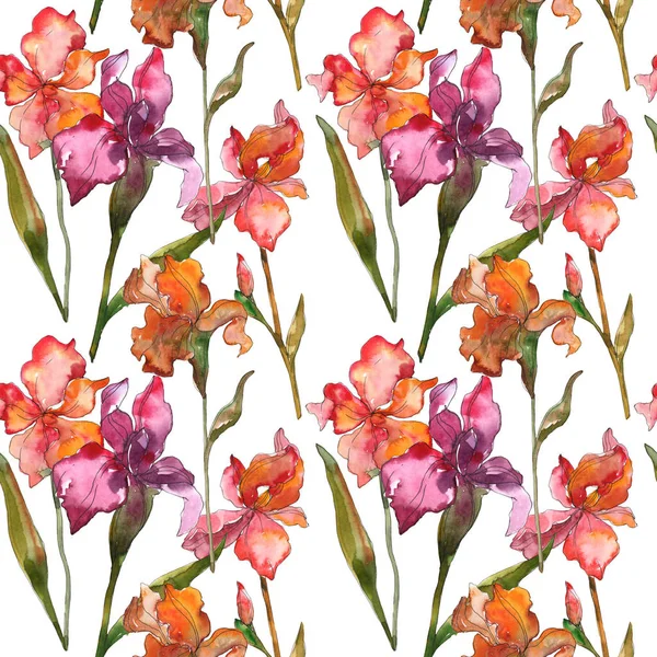 Red and purple irises. Watercolor illustration set. Seamless background pattern. Fabric wallpaper print texture. — Stock Photo