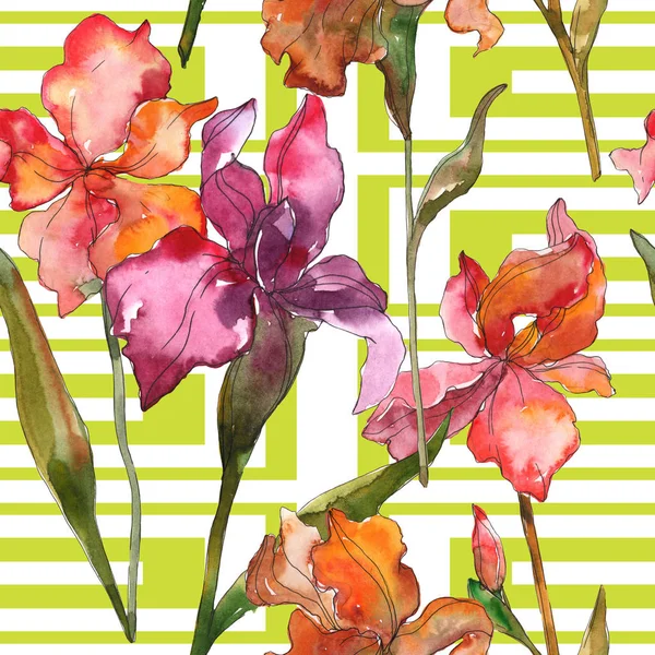 Red and purple irises. Watercolor illustration set. Seamless background pattern. Fabric wallpaper print texture. — Stock Photo