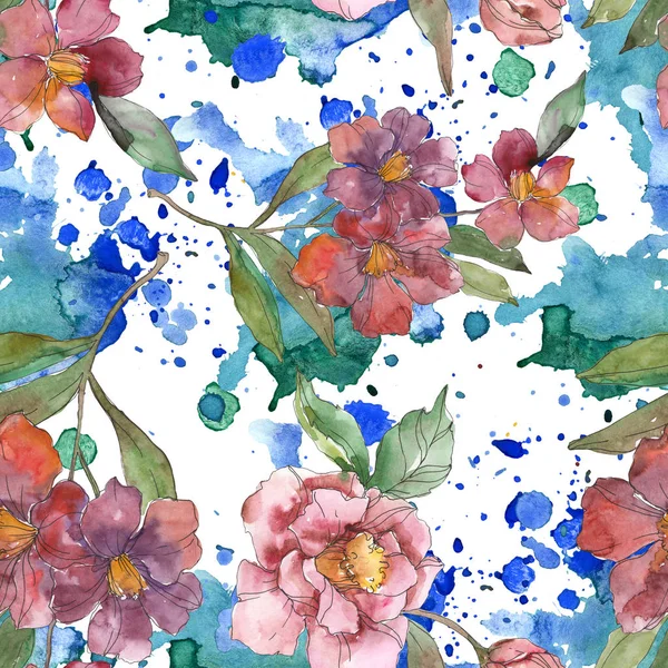 Flores de camélia vermelhas e roxas. Conjunto de ilustrações aquarela. Padrão de fundo sem costura. Tecido papel de parede impressão textura . — Fotografia de Stock