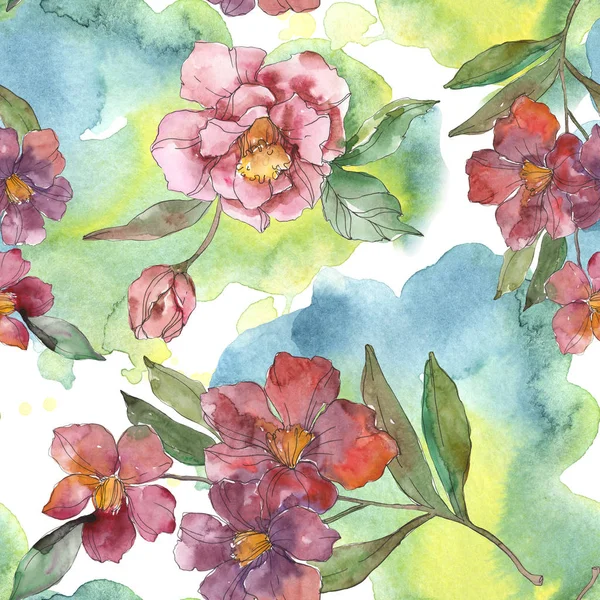 Red and purple camellia flowers. Watercolor illustration set. Seamless background pattern. Fabric wallpaper print texture. — Stock Photo