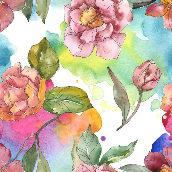 Red and purple camellia flowers. Watercolor illustration set. Seamless background pattern. Fabric wallpaper print texture. — Stock Photo