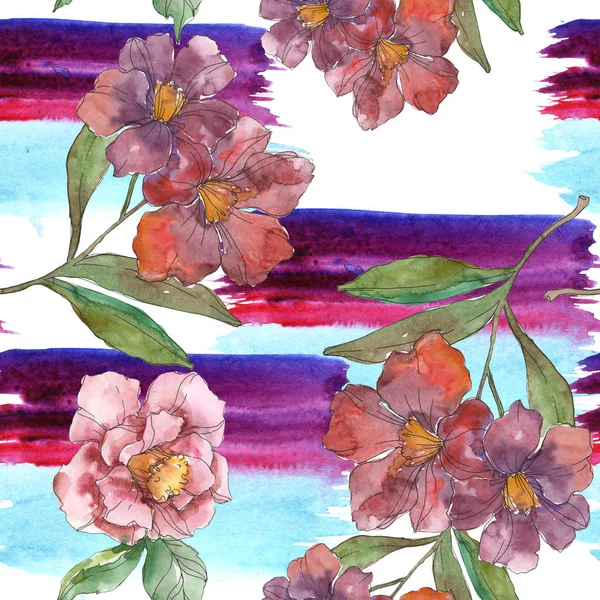 Red and purple camellia flowers. Watercolor illustration set. Seamless background pattern. Fabric wallpaper print texture. — Stock Photo