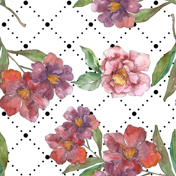 Red and purple camellia flowers. Watercolor illustration set. Seamless background pattern. Fabric wallpaper print texture. — Stock Photo