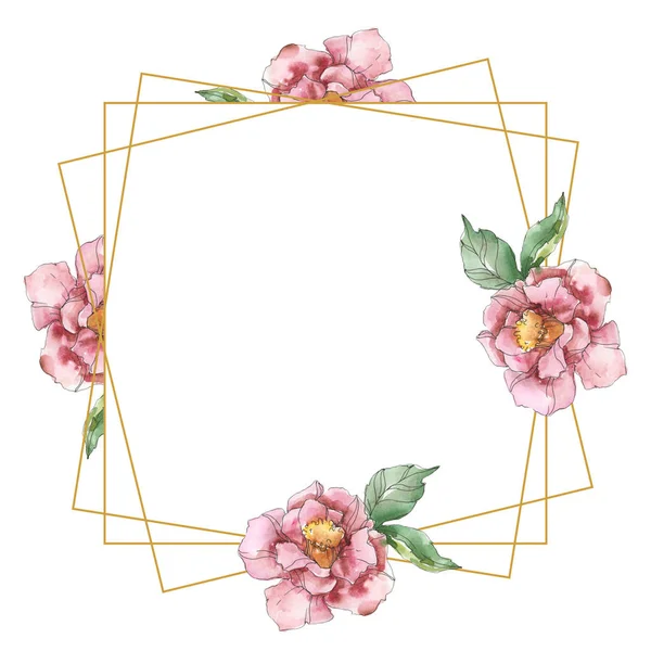 Rote und violette Kamelie. Aquarell Hintergrund Illustration-Set. Frame Border Ornament mit Textfreiraum. — Stockfoto