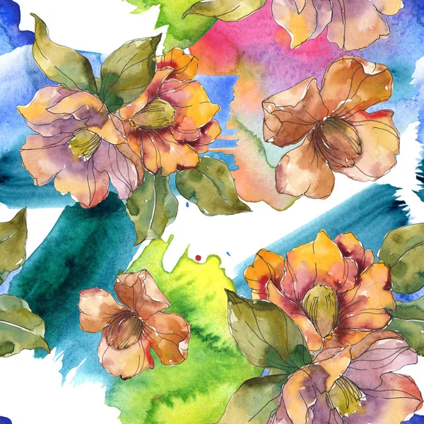 Flores de camélia vermelhas e laranja com folhas e padrão abstrato. Conjunto de ilustrações aquarela. Fundo sem costura . — Fotografia de Stock