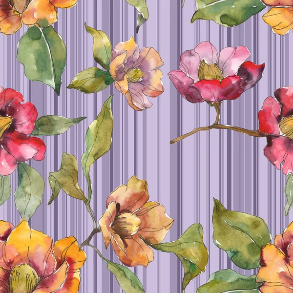 Fiori di camelia rossi e arancioni con foglie e linee. Set illustrazione acquerello. Sfondo senza cuciture . — Foto stock