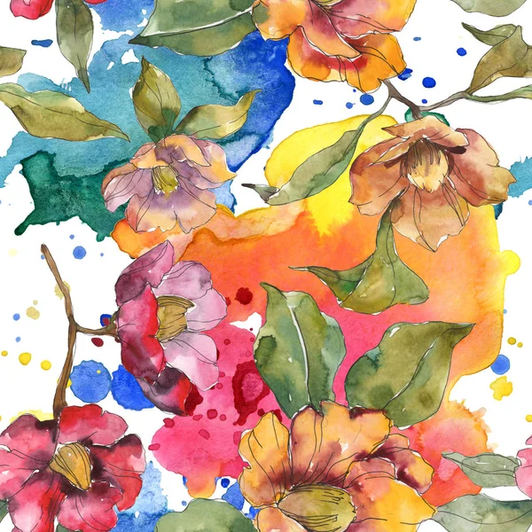Rote und orangefarbene Kamelienblüten mit Blättern und abstrakten Mustern. Aquarell-Illustrationsset vorhanden. nahtloser Hintergrund. — Stockfoto