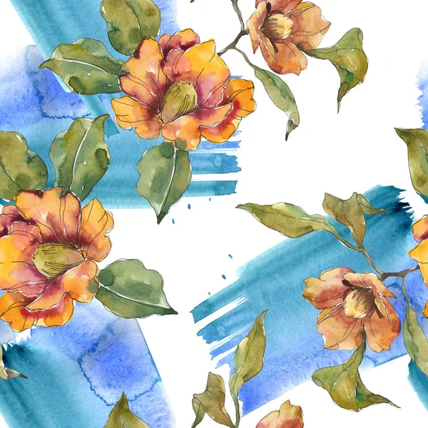 Flores de camélia vermelhas e laranja com folhas e padrão abstrato. Conjunto de ilustrações aquarela. Fundo sem costura . — Stock Photo