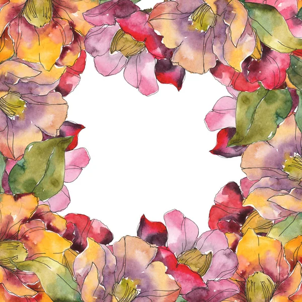 Isolierte rote und orangefarbene Kamelienblüten mit grünen Blüten. Aquarell-Illustrationsset vorhanden. Rahmen-Bordüre mit Kopierraum. — Stockfoto