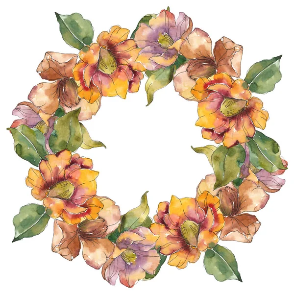 Fleurs de camélia orange isolées avec des fleurs vertes. Ensemble d'illustration aquarelle. Cadre bordure ornement avec espace de copie . — Photo de stock