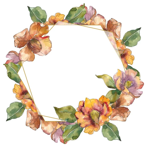 Fleurs de camélia orange isolées avec des fleurs vertes. Ensemble d'illustration aquarelle. Cadre bordure ornement avec espace de copie . — Photo de stock