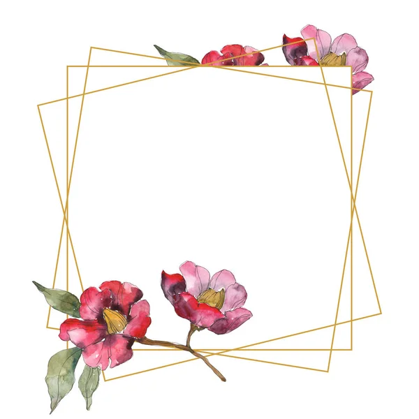 Vereinzelte rote Kamelienblüten mit grünen Blüten. Aquarell-Illustrationsset vorhanden. Rahmen-Bordüre mit Kopierraum. — Stockfoto