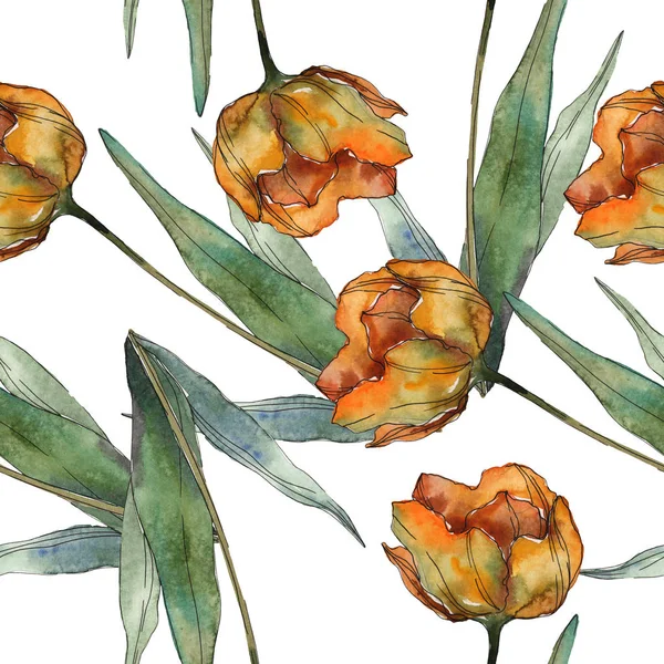 Orangen isolierten Mohn mit Blättern. Aquarell-Illustrationsset vorhanden. nahtloses Hintergrundmuster. — Stockfoto
