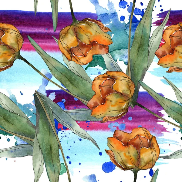 Papoilas de laranja com folhas. Conjunto de ilustrações aquarela. Padrão de fundo sem costura . — Fotografia de Stock