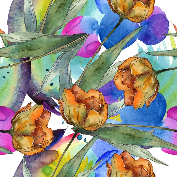 Orange poppies with leaves. Watercolor illustration set. Seamless background pattern. — Stock Photo