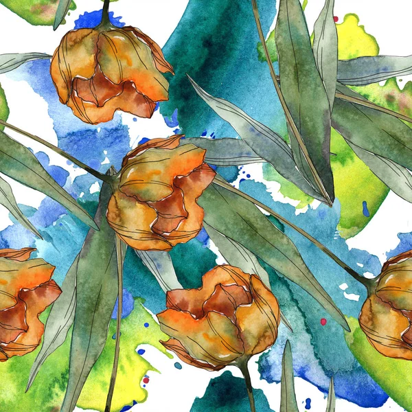 Orange poppies with leaves. Watercolor illustration set. Seamless background pattern. — Stock Photo