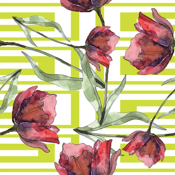 Red poppies with leaves and lines. Watercolor illustration set. Seamless background pattern. — Stock Photo