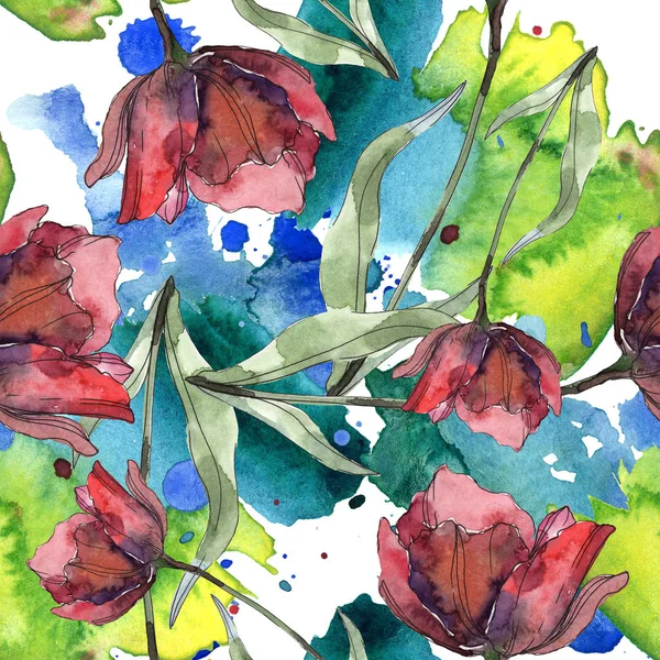 Red and burgundy poppies with leaves. Watercolor illustration set. Seamless background pattern. — Stock Photo