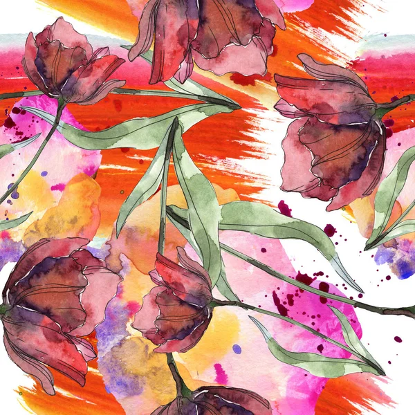Rote und weinrote Mohnblumen mit Blättern. Aquarell-Illustrationsset vorhanden. nahtloses Hintergrundmuster. — Stockfoto