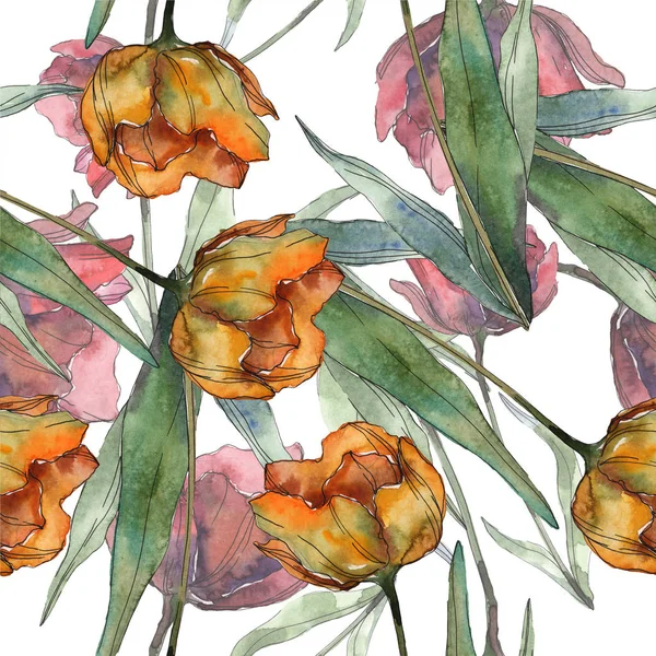 Red and orange isolated poppies with leaves. Watercolor illustration set. Seamless background pattern. — Stock Photo