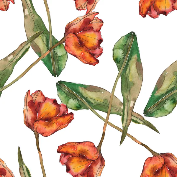 Red and orange isolated poppies with leaves. Watercolor illustration set. Seamless background pattern. — Stock Photo