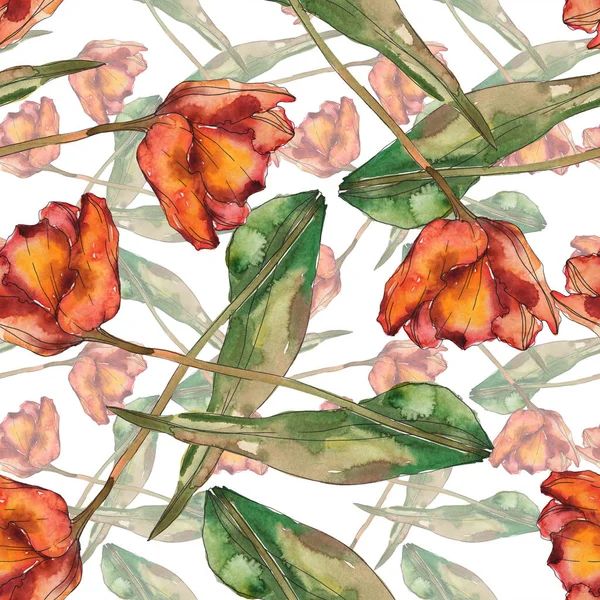 Red and orange poppies with leaves. Watercolor illustration set. Seamless background pattern. — Stock Photo