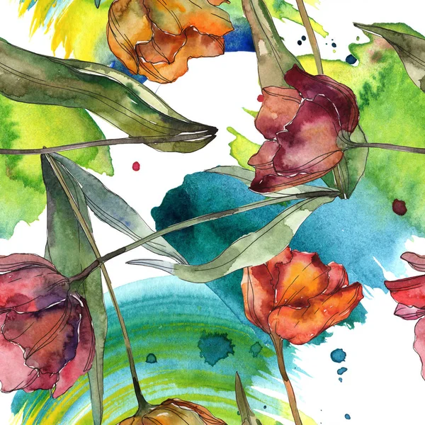 Bordeaux isolierte Mohn mit Blättern. Aquarell-Illustrationsset vorhanden. nahtloses Hintergrundmuster. — Stockfoto