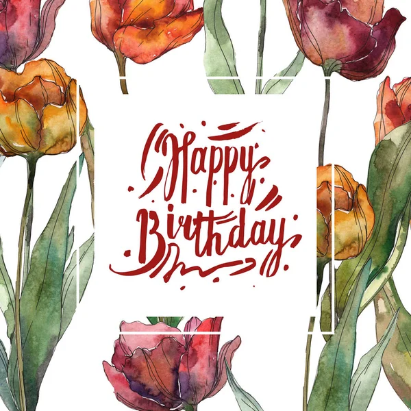 Burgunder und roter Mohn mit Blättern. Aquarell-Illustrationsset vorhanden. Rahmen Randschmuck mit Happy Birthday Schriftzug. — Stockfoto