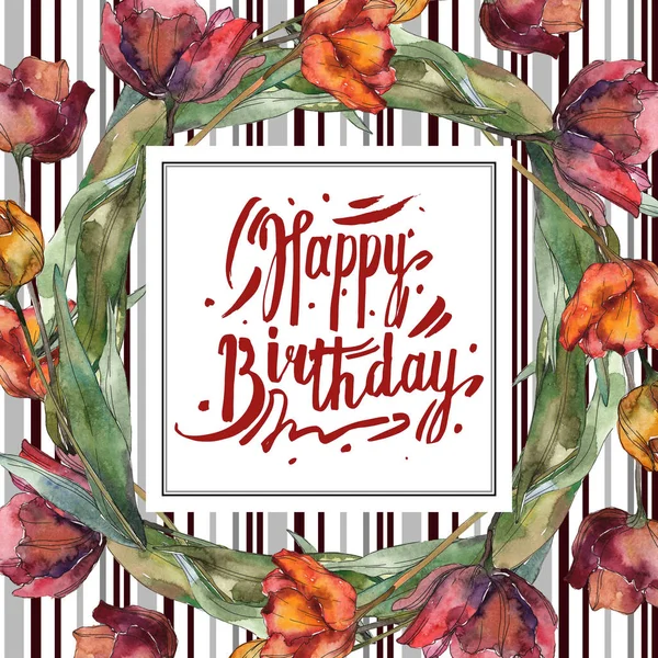 Burgundy and red isolated poppies with leaves. Watercolor illustration set. Frame border ornament with happy birthday lettering. — Stock Photo