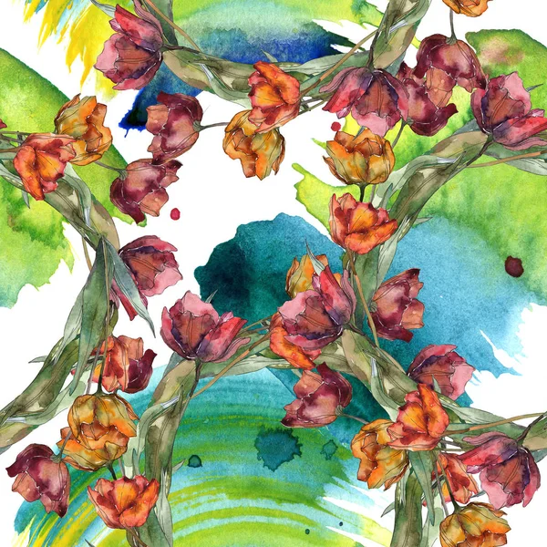 Borgonha e papoulas de laranja com folhas. Conjunto de ilustrações aquarela. Padrão de fundo sem costura . — Fotografia de Stock