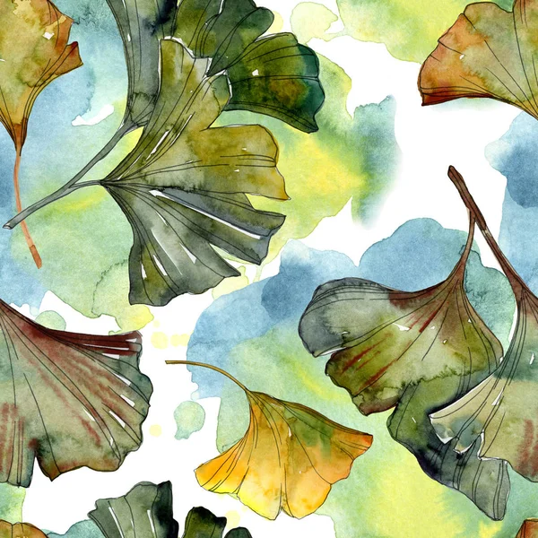 Yellow and green ginkgo biloba foliage watercolor illustration. Seamless background pattern. — Stock Photo