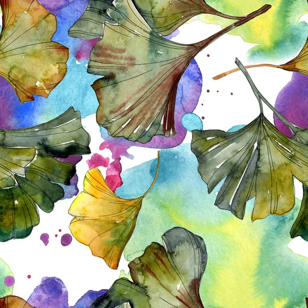 Жовте і зелене листя гінкго білоба акварельна ілюстрація. Безшовний візерунок тла . — стокове фото