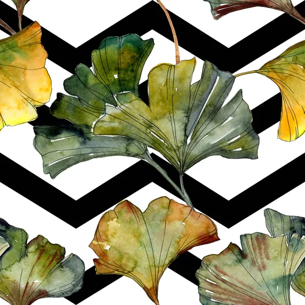 Green ginkgo biloba foliage with lines. Watercolor illustration seamless background pattern. — Stock Photo